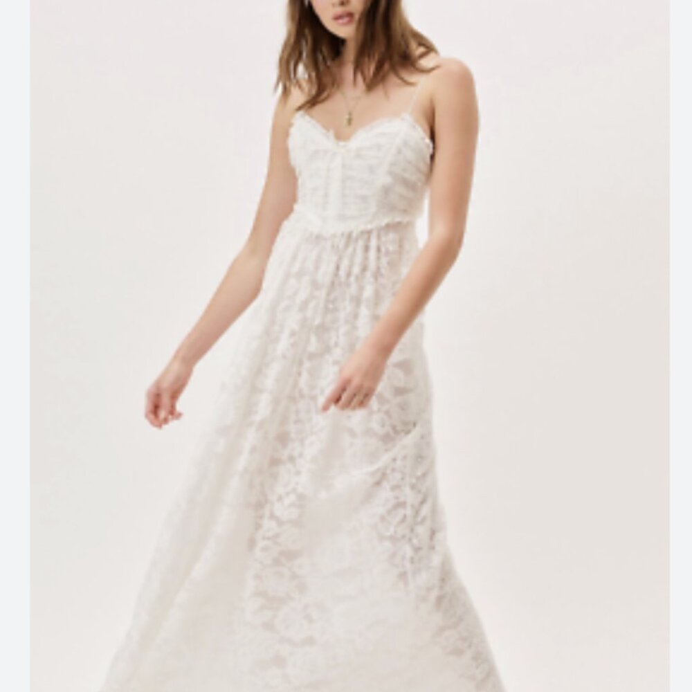 🆕 For Love & Lemons Lorena Maxi Dress White Lace sheer skirt. 1205.  Xs